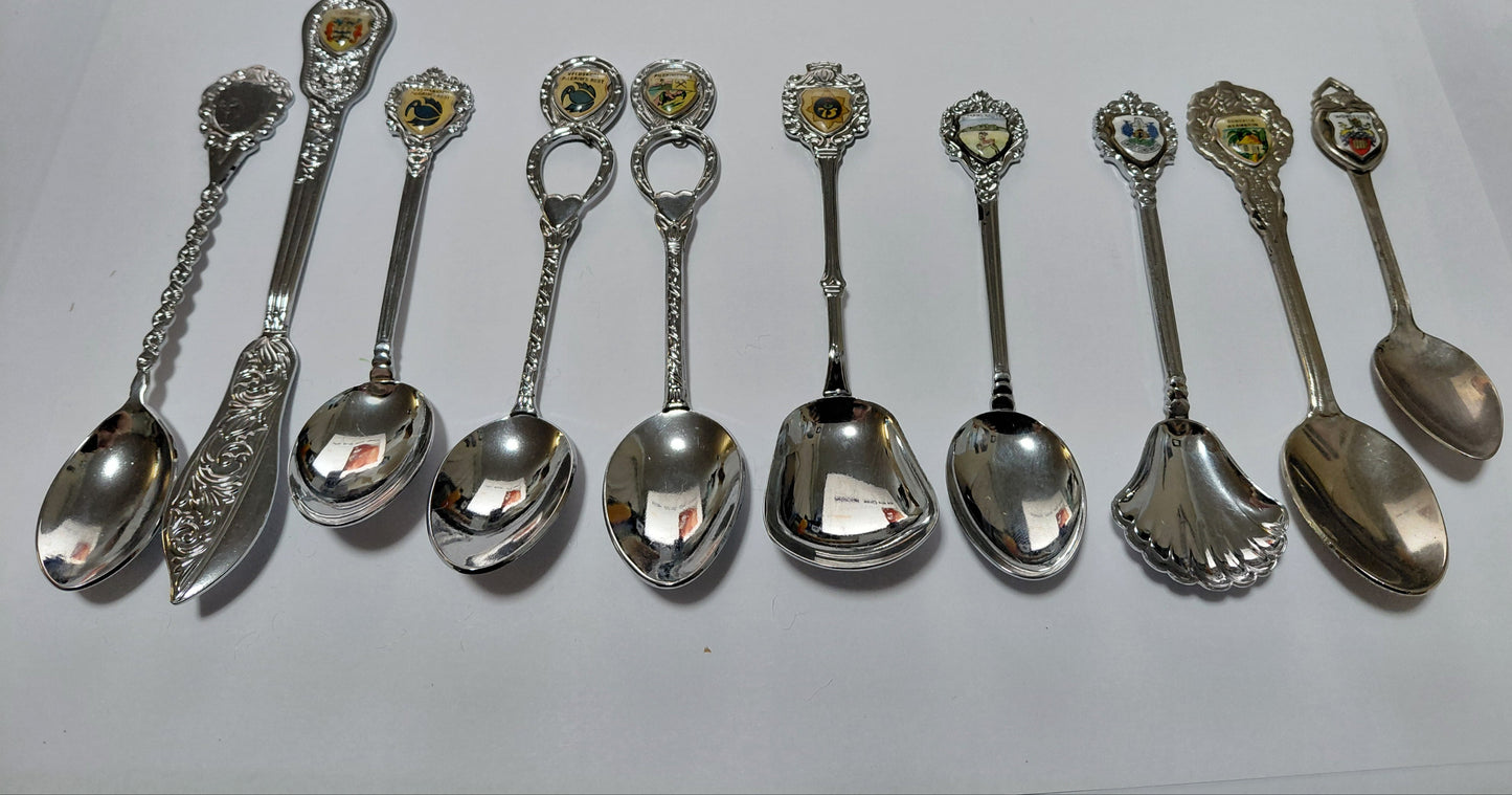 Souvenir Teaspoon & Butter Knife Collection - 9 Crested Spoons Plus 1 Butter Knife