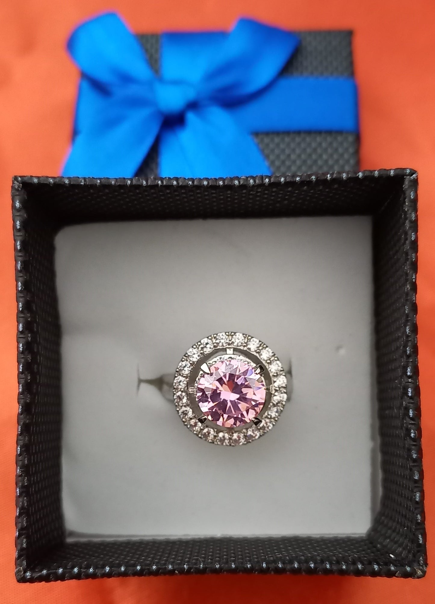 Silver CZ Ring with Pink Centre Stone - Size 6 / 7