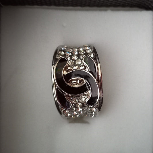 Silver Filled CZ Ring with Black Chanel Logo - Size 6