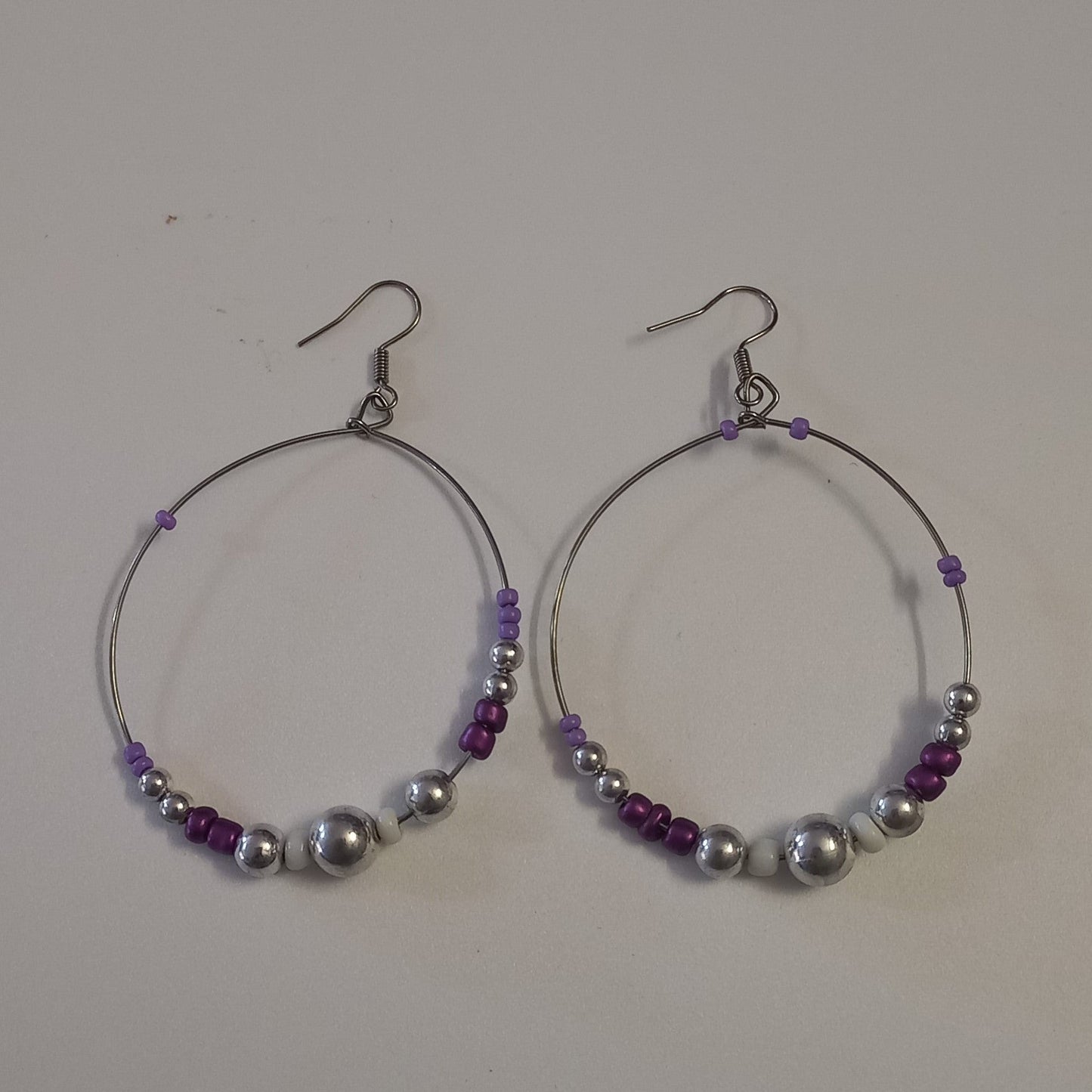 Ladies Silver Hoop Earrings with Purple and Silver Beads