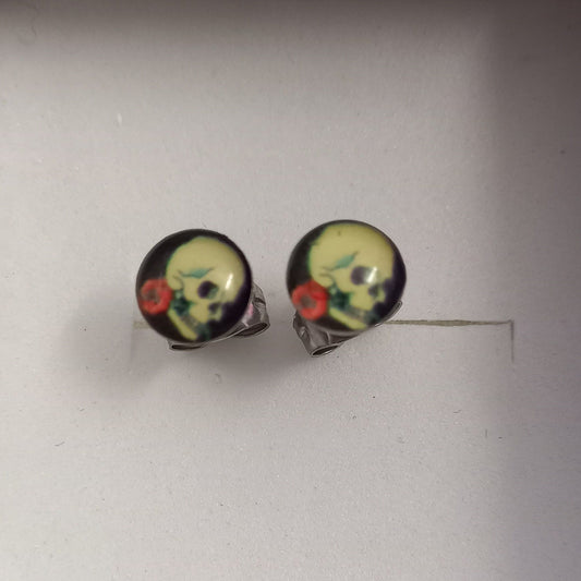 Authentic Stainless Steel Rose Skull Biker Stud Earrings