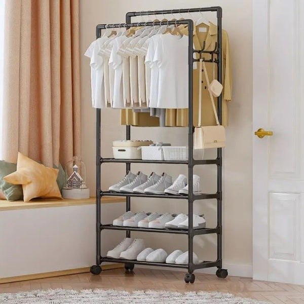 4-Layer Double Pole Clothing Rail and Shoes Rack