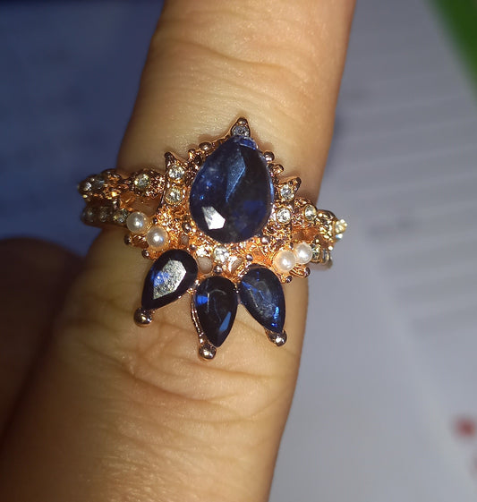 Elegant Blue Rose Moon Ring - Size 6