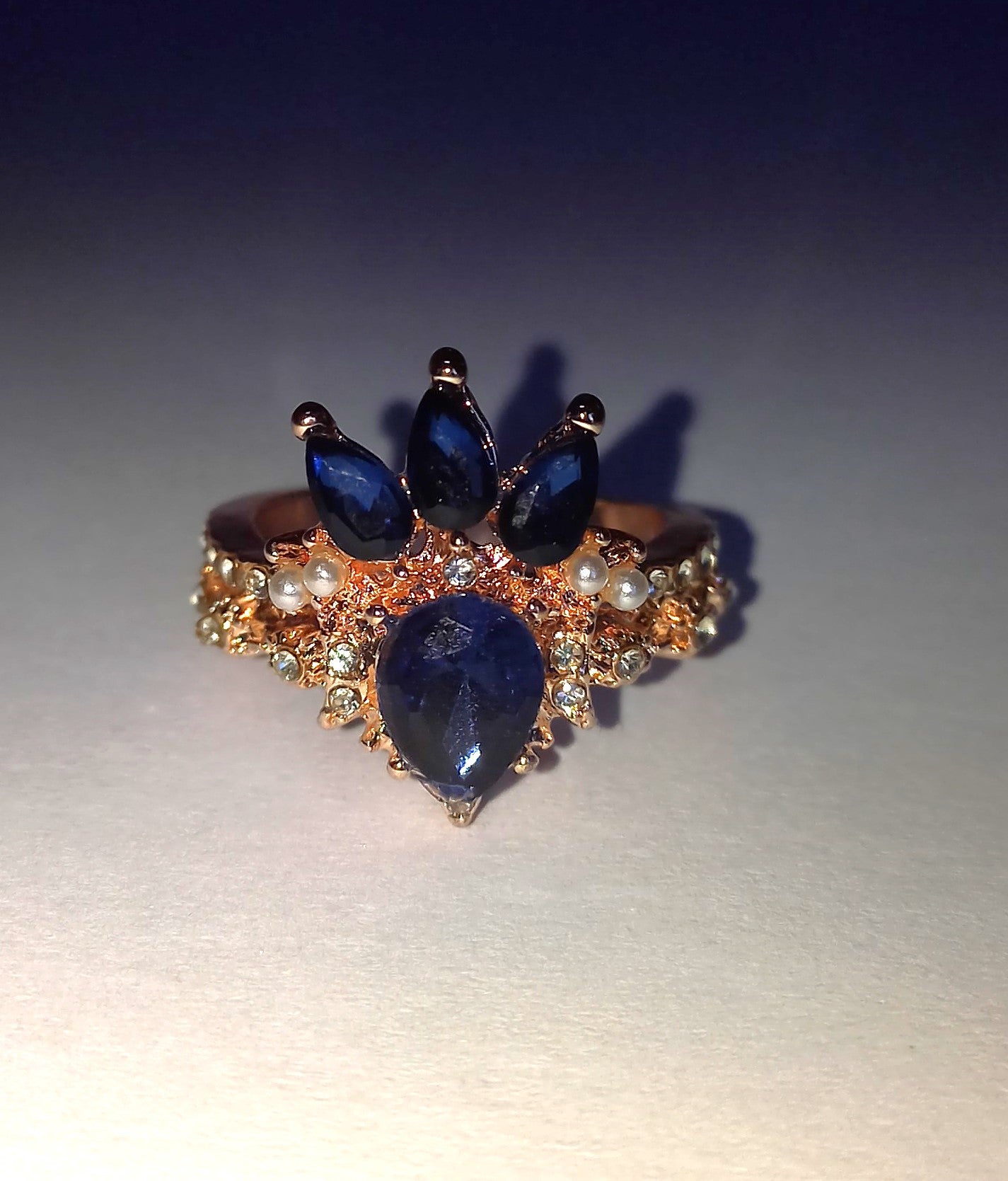 Elegant Blue Rose Moon Ring - Size 6