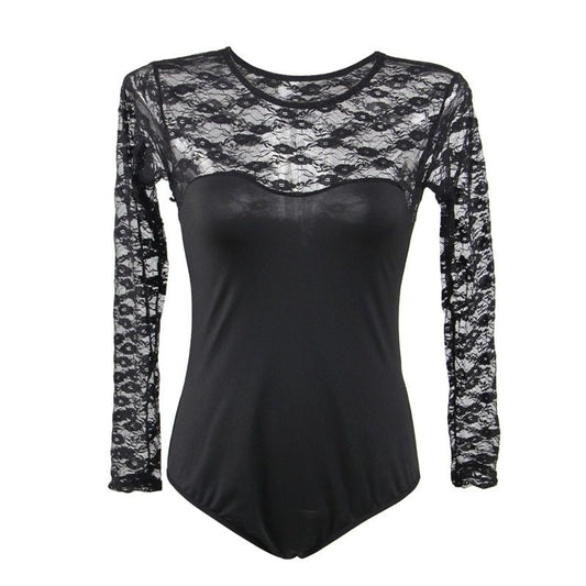 Free Size Black Body Suit, Long Sleeves in Lace