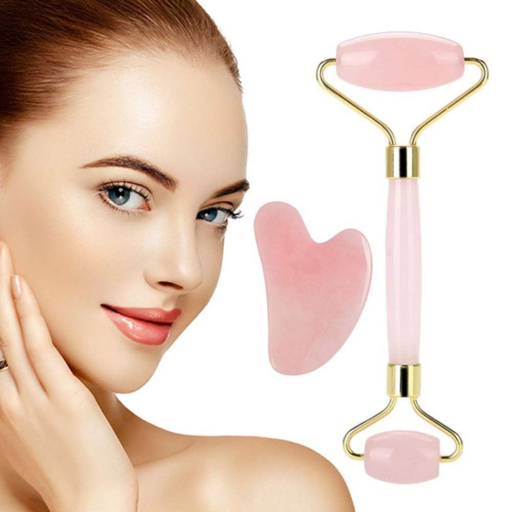 Facial Pink Jade Stone Roller & Gua Sha Massage Set