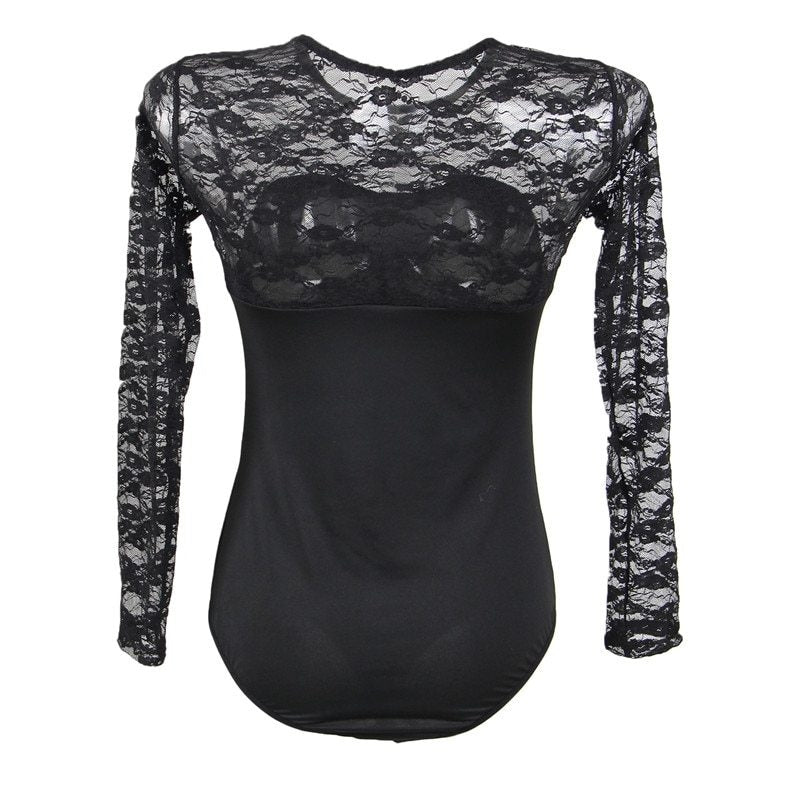 Free Size Black Body Suit, Long Sleeves in Lace