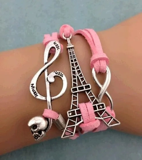 Multi-Charm Leather Bracelet with Paris Theme