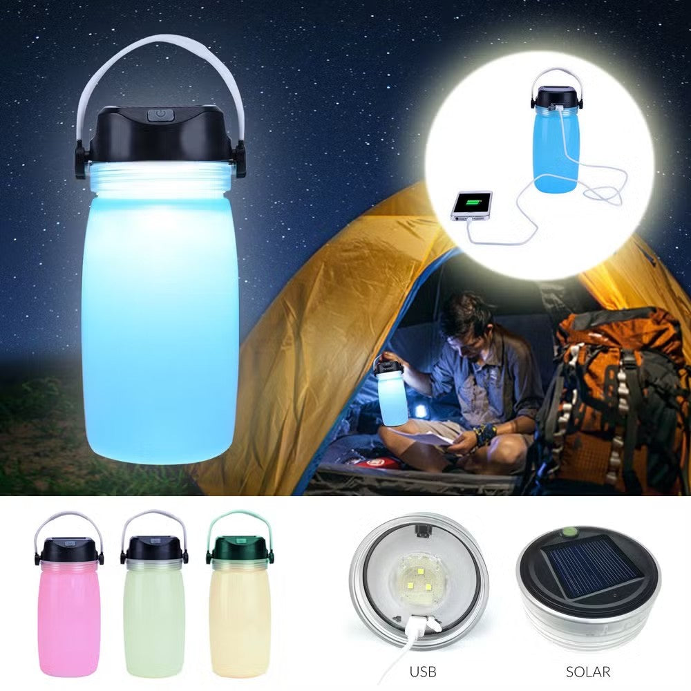 Travel and Camping Lantern Bottle with LED Lighting and Solar Charging