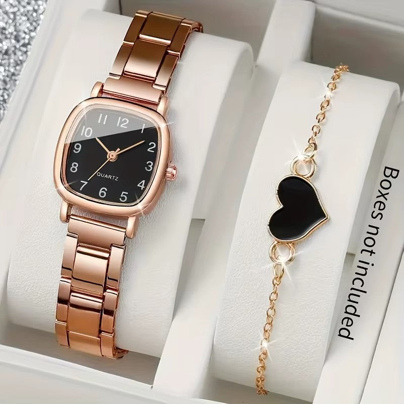 Ladies Rose Black Quartz Watch with Bracelet Set