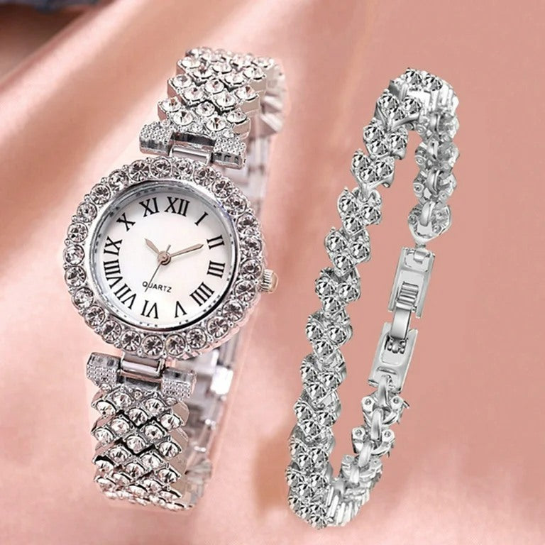 Luxurious Diamond Decor Watch and Bracelet Set