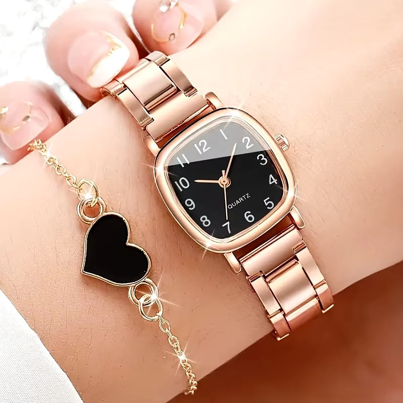 Ladies Rose Black Quartz Watch with Bracelet Set