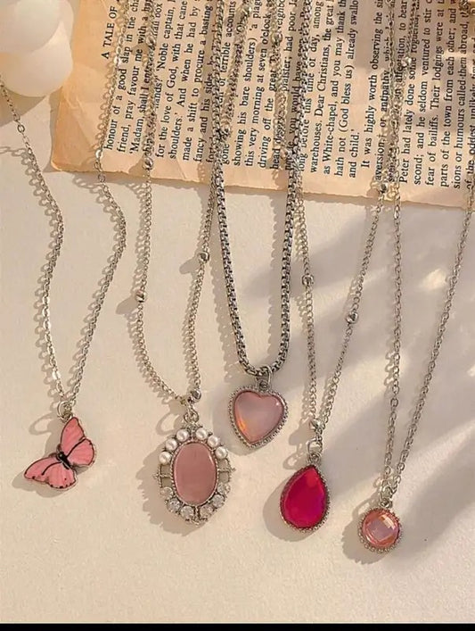 Pink Gem & Butterfly Necklace Set (5 Necklaces)