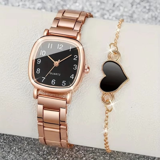 Ladies Rose Black Quartz Watch with Bracelet Set