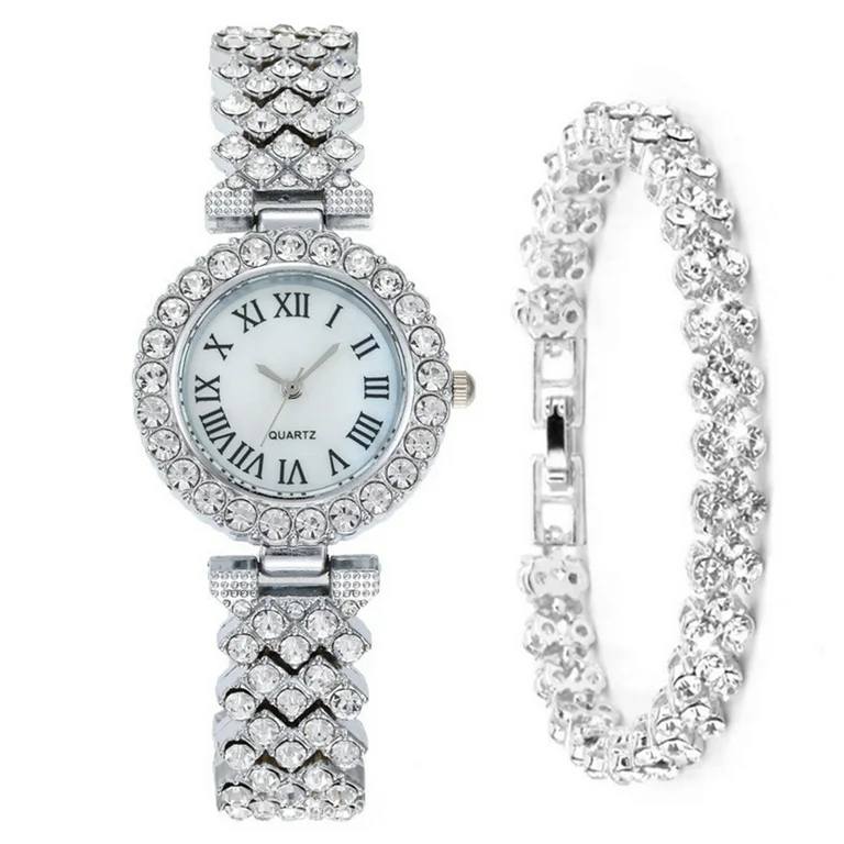 Luxurious Diamond Decor Watch and Bracelet Set