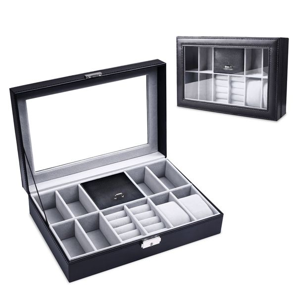 8 Slots PU Leather Watch display and Jewelry Case With Lock & Glass Top