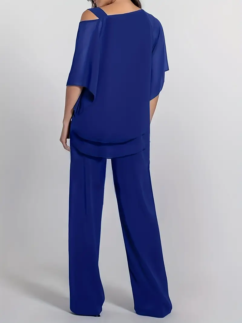 Elegant Royal Blue Off-Shoulder Top and Wide-Leg Pants Set - Size Large