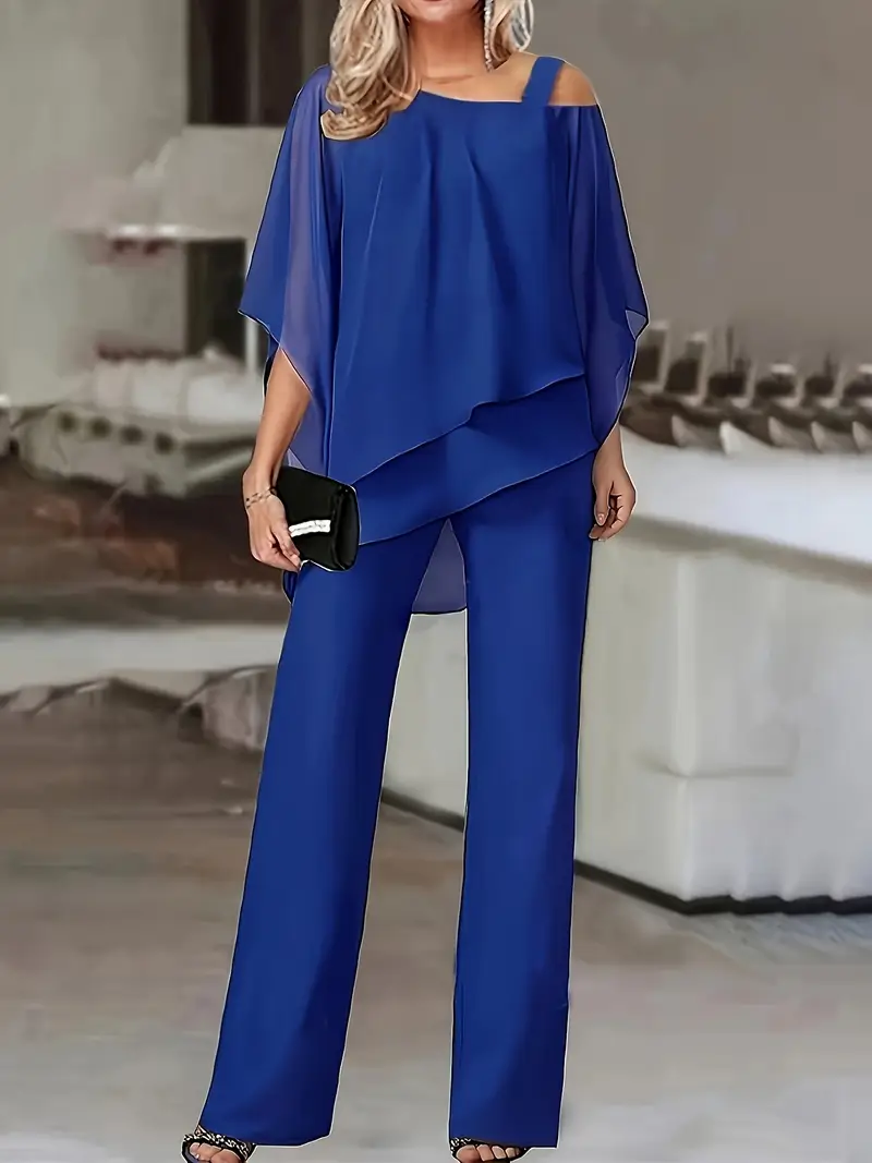 Elegant Royal Blue Off-Shoulder Top and Wide-Leg Pants Set - Size Large