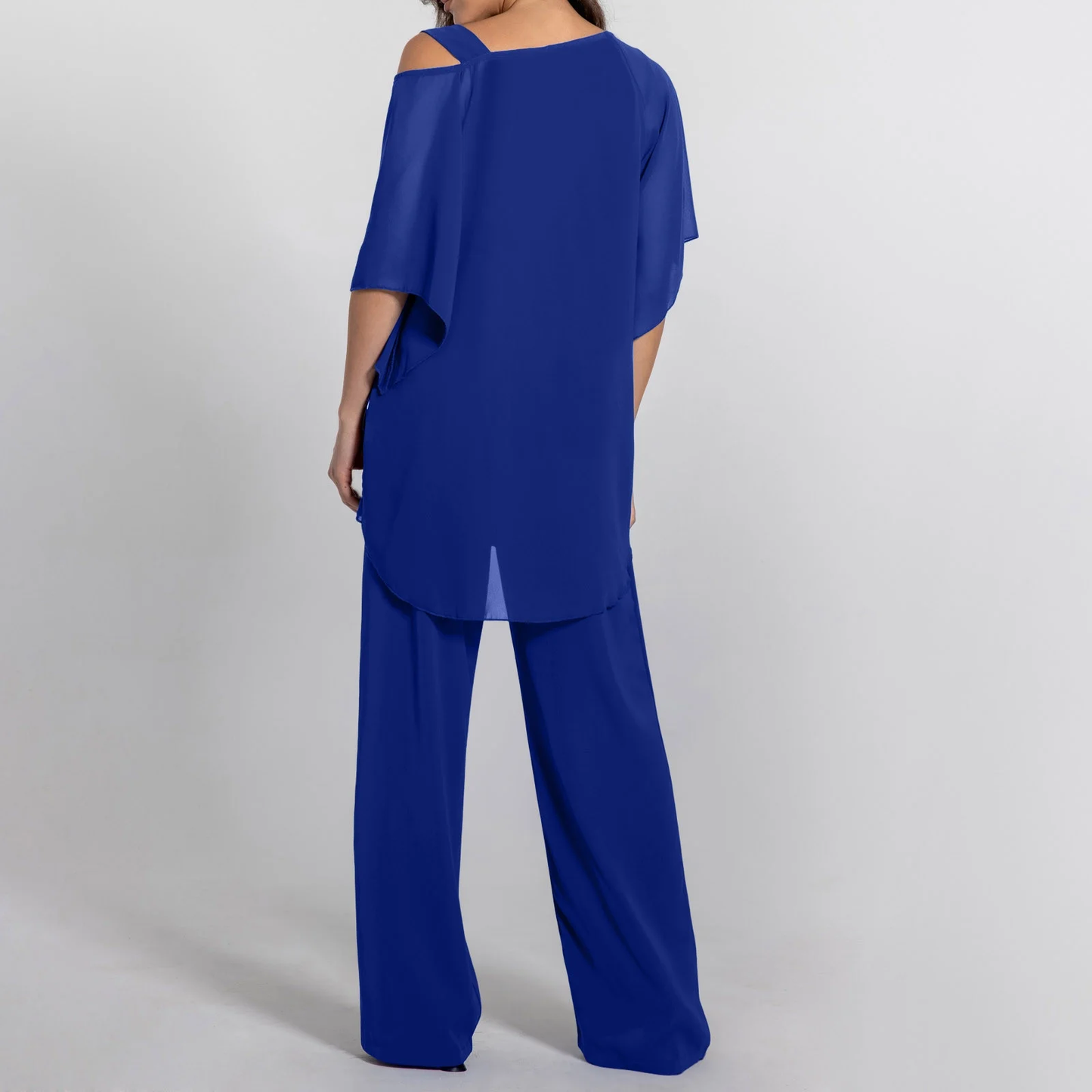Elegant Royal Blue Off-Shoulder Top and Wide-Leg Pants Set - Size Large
