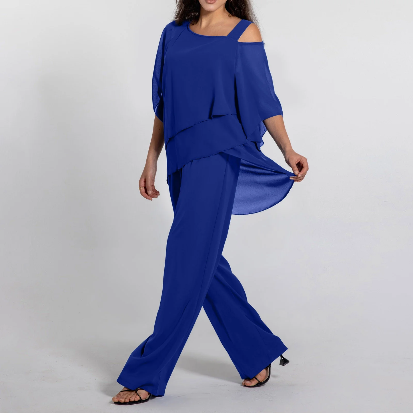Elegant Royal Blue Off-Shoulder Top and Wide-Leg Pants Set - Size Large
