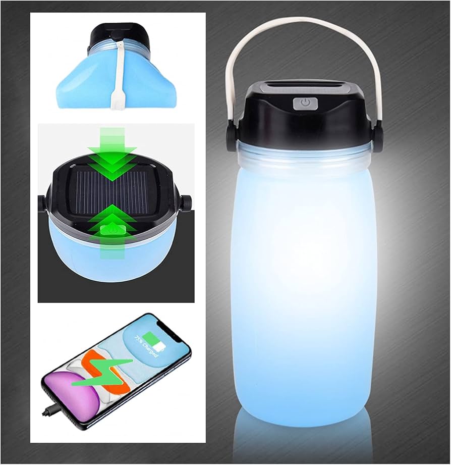 Travel and Camping Lantern Bottle with LED Lighting and Solar Charging