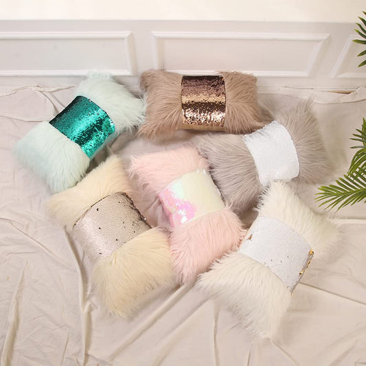 Fluffy Sequin and Faux Fur Bow Pillow Case with Inner Cushion
