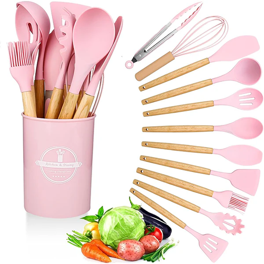 12-Piece Silicone Cooking Utensil Set - Pink