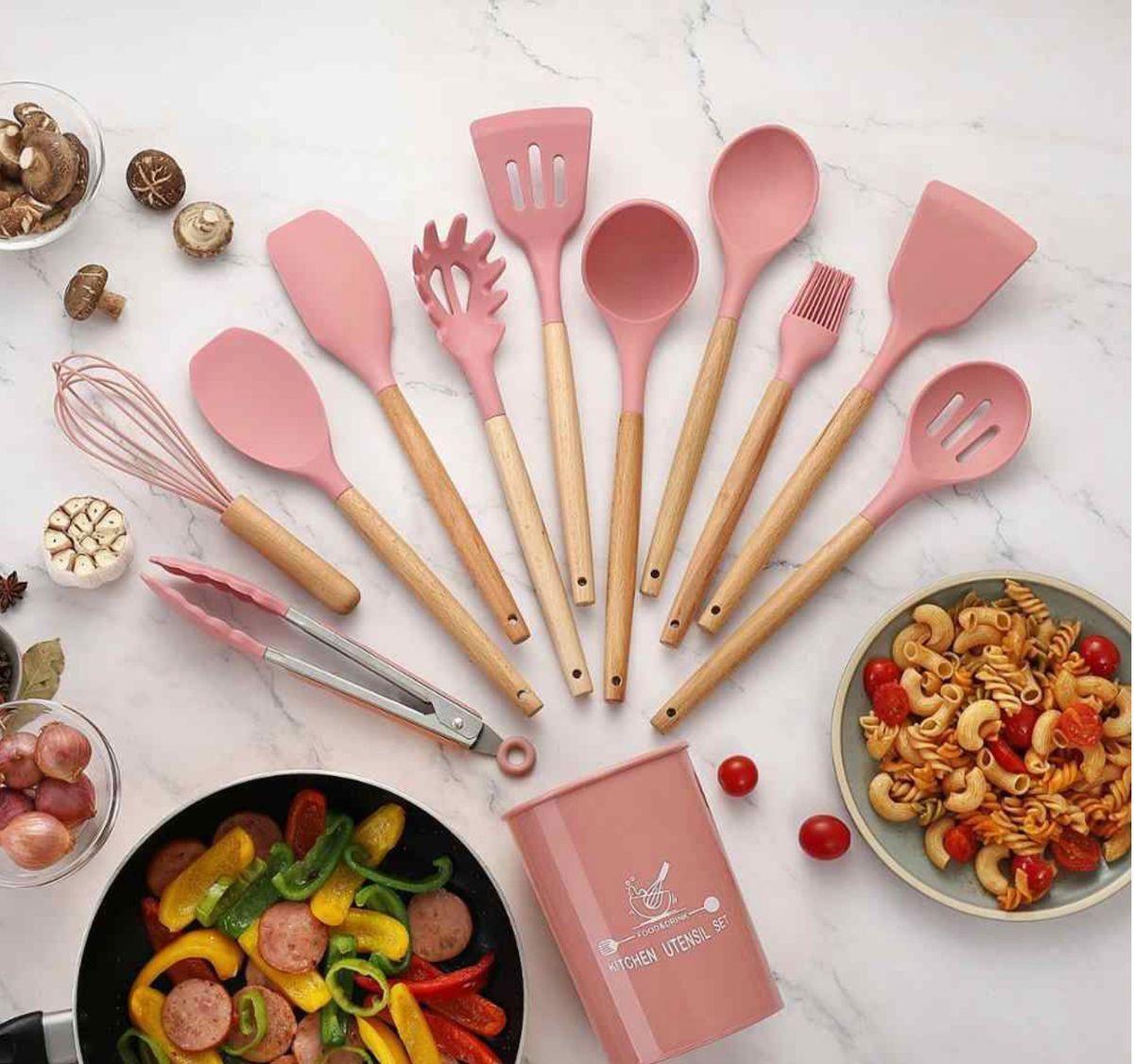 12-Piece Silicone Cooking Utensil Set - Pink