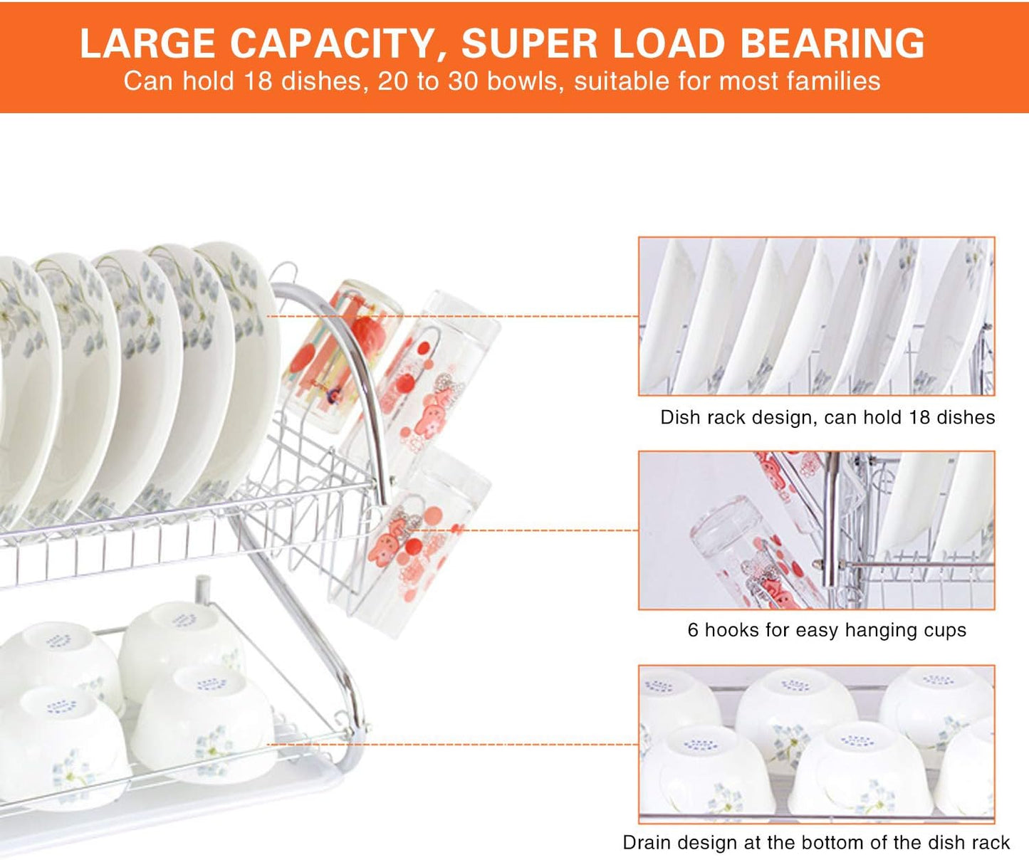 2 Tier Stainless Steel Kitchen Dish Drainer Drying Rack