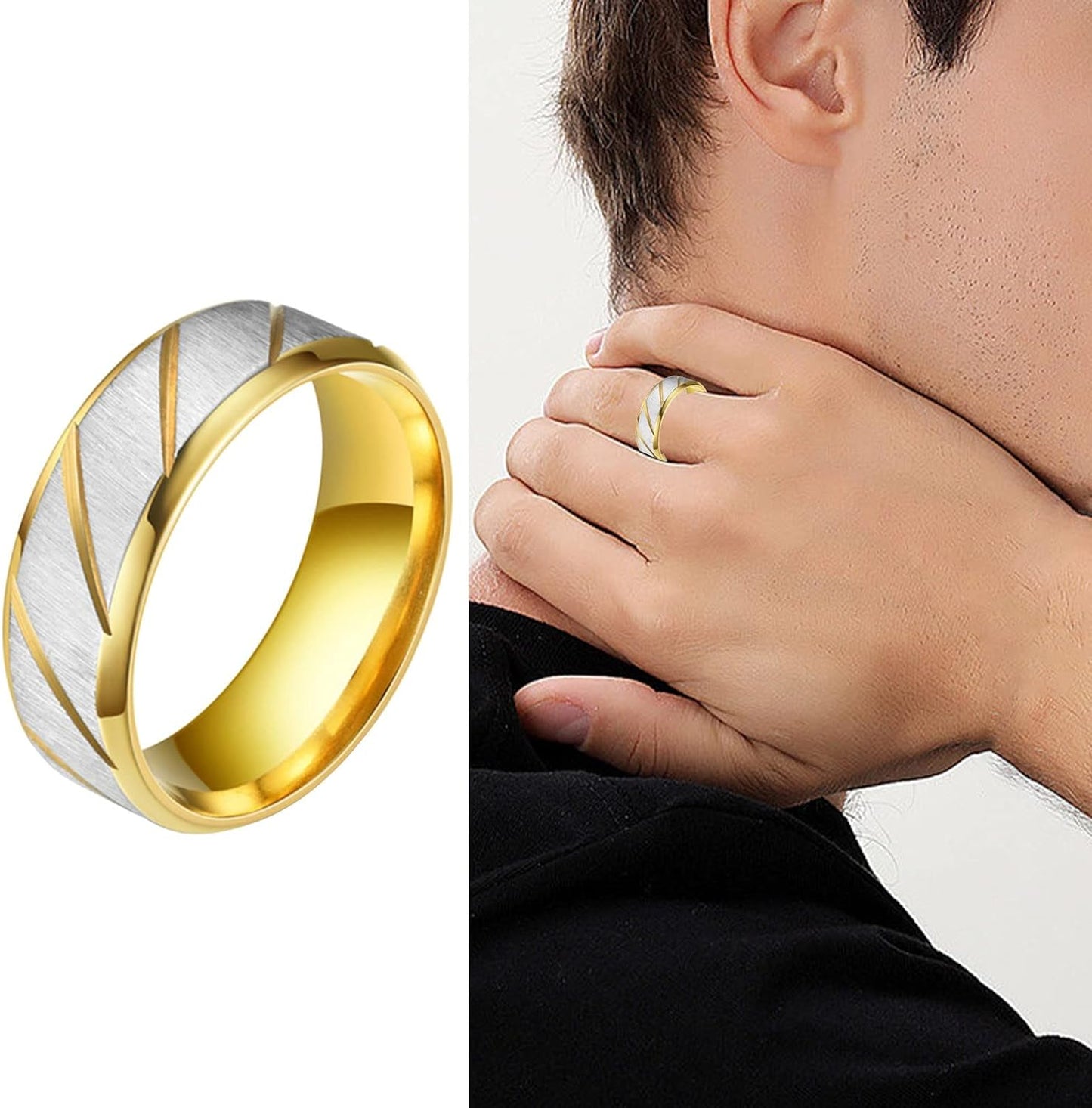 Gold Stainless Steel Brushed Design Comfort Fit Ring (Size 8)
