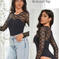 Free Size Black Body Suit, Long Sleeves in Lace