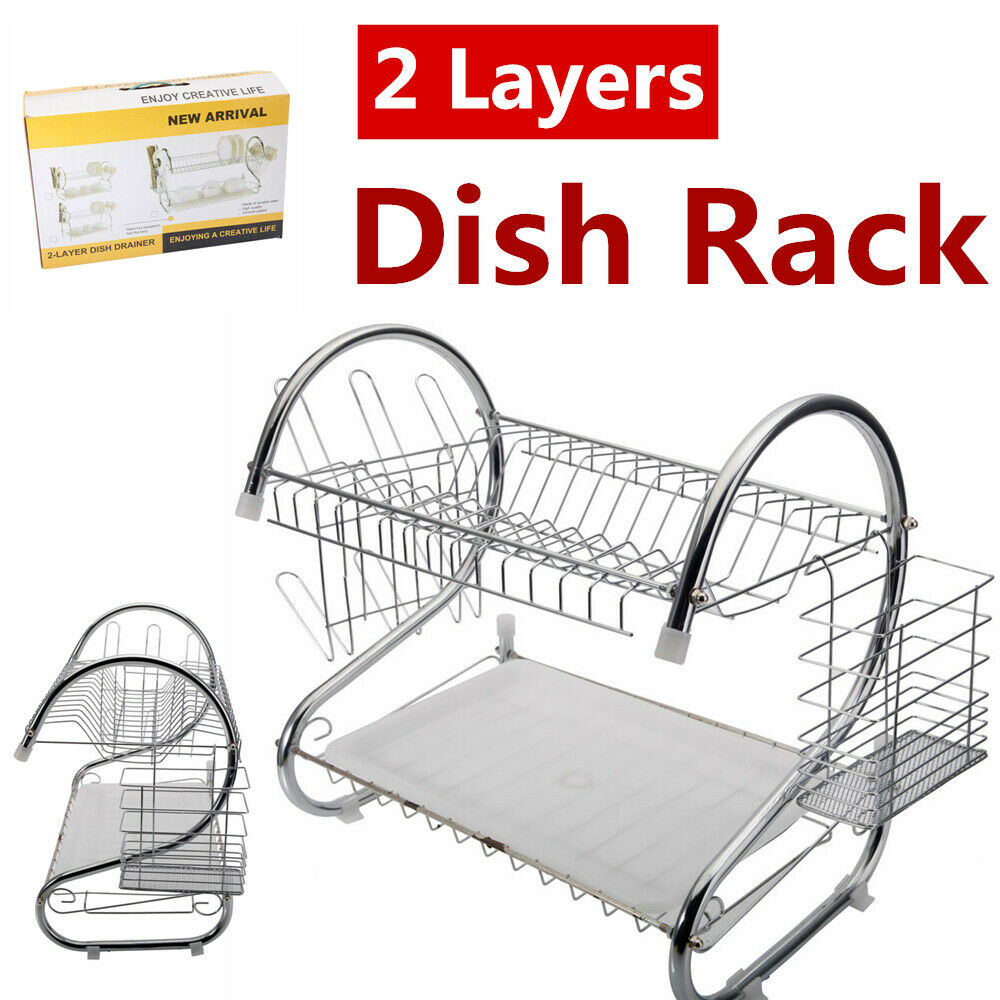 2 Tier Stainless Steel Kitchen Dish Drainer Drying Rack