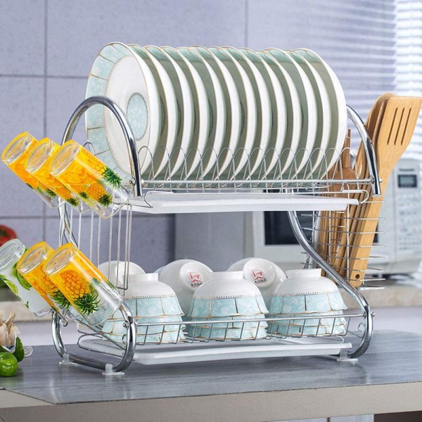 2 Tier Stainless Steel Kitchen Dish Drainer Drying Rack