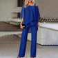 Elegant Royal Blue Off-Shoulder Top and Wide-Leg Pants Set - Size Large