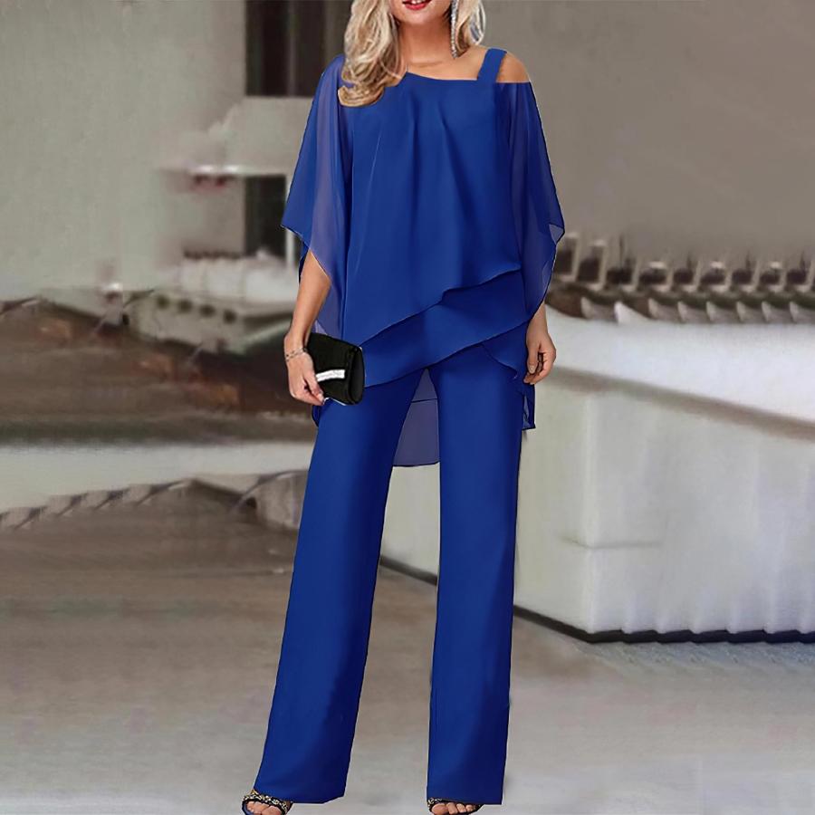 Elegant Royal Blue Off-Shoulder Top and Wide-Leg Pants Set - Size Large