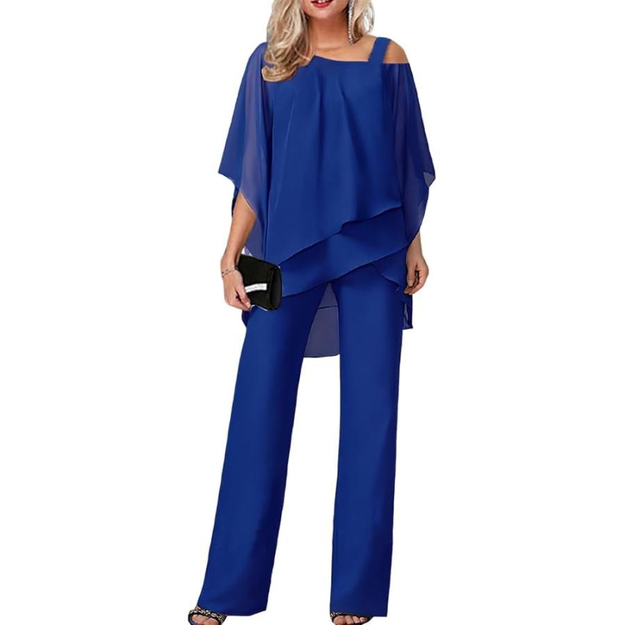 Elegant Royal Blue Off-Shoulder Top and Wide-Leg Pants Set - Size Large