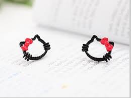 Black Outlined Kitty Red Bow Ear Studs