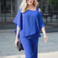 Elegant Royal Blue Off-Shoulder Top and Wide-Leg Pants Set - Size Large
