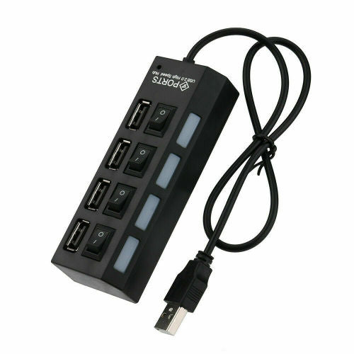 4 Port USB 2.0 Black Hub with High Speed Adapter ON/OFF Switch