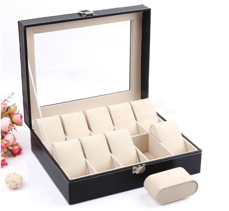 10 Slot PU Leather Watch Display Case with Window, Jewelry Display Box