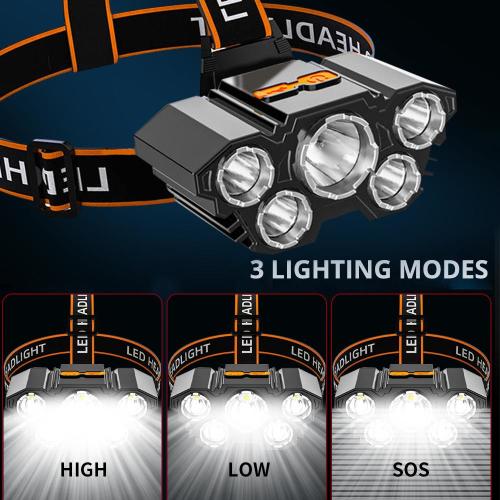 High Power 5 LED Head Lamp USB Rechargeable Headlight