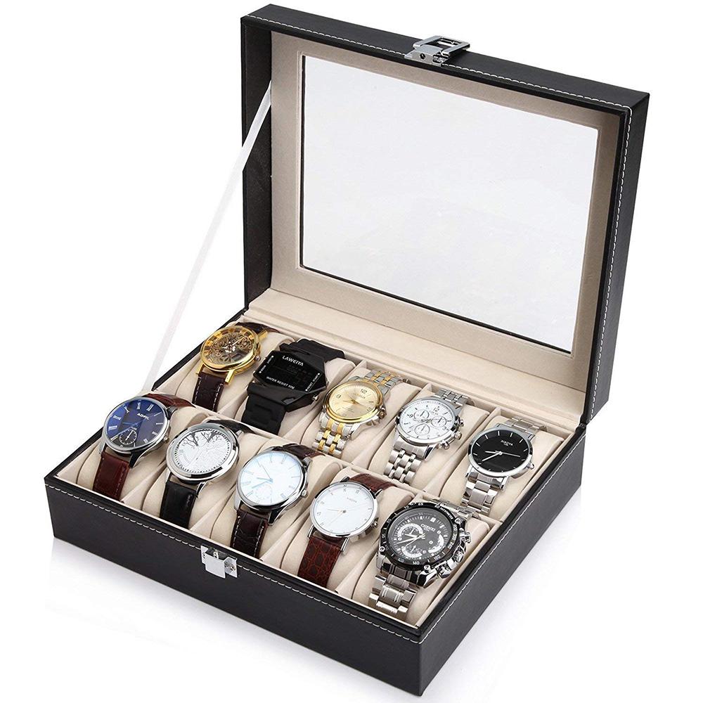 10 Slot PU Leather Watch Display Case with Window, Jewelry Display Box