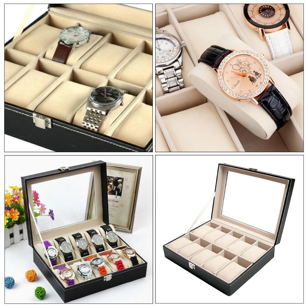 10 Slot PU Leather Watch Display Case with Window, Jewelry Display Box